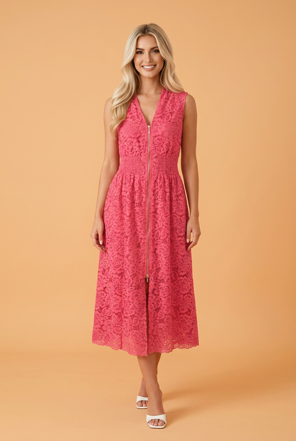 Floral Lace Zip Up V-Neck Smocked Waist Sleeveless Dress