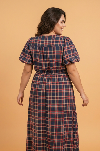 Plus Size Plaid V-Neck Belted Waist Short Sleeve Dress