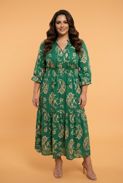 Plus Size Floral V-Neck Puff Sleeve Midi Dress