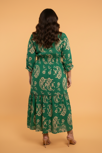 Plus Size Floral V-Neck Puff Sleeve Midi Dress