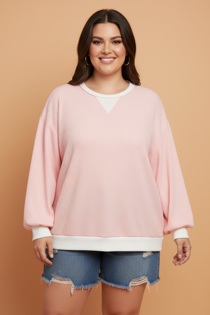 Plus Size Colorblock Ribbed Knit Long Sleeve Blouse