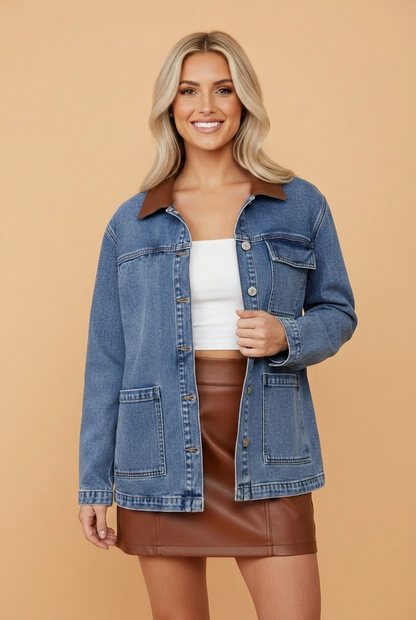Denim Leather Collar Pocketed Button Front Jacket