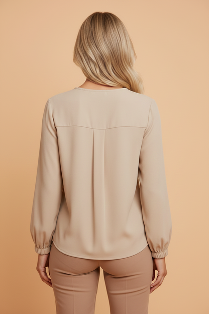 Solid Pleated Crewneck Puff Long Sleeve Shirt