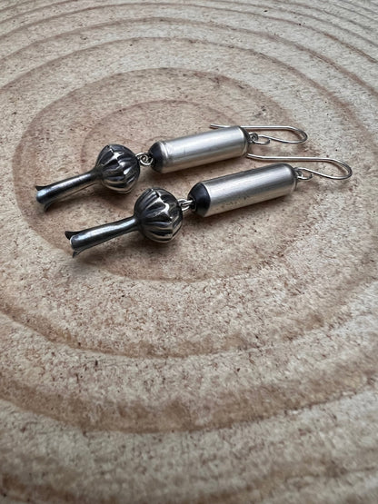 Crystal Hayley Sterling Silver Navajo Barrel & Squash Blossom Dangle Earrings — 1 3/4 inch drop (Handcrafted by Navajo Artist)