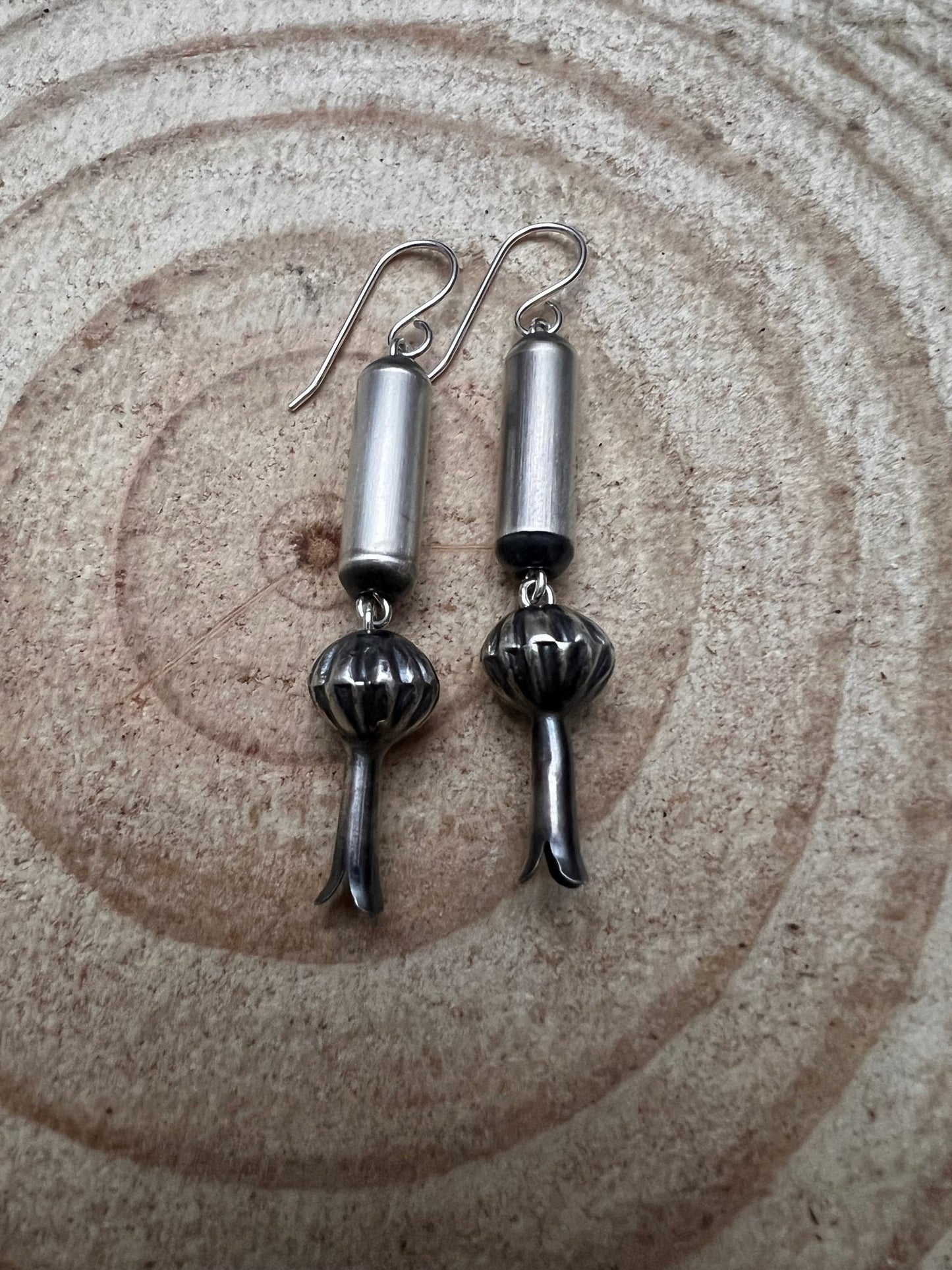Crystal Hayley Sterling Silver Navajo Barrel & Squash Blossom Dangle Earrings — 1 3/4 inch drop (Handcrafted by Navajo Artist)