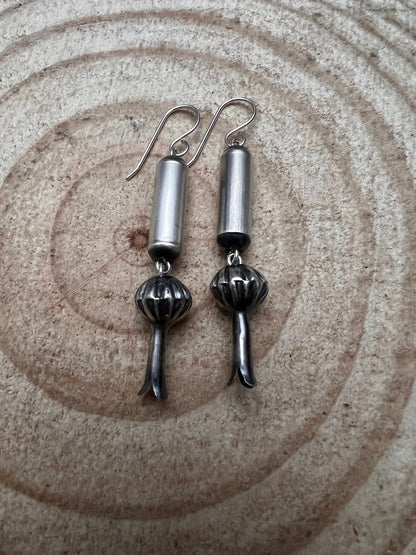 Crystal Hayley Sterling Silver Navajo Barrel & Squash Blossom Dangle Earrings — 1 3/4 inch drop (Handcrafted by Navajo Artist)