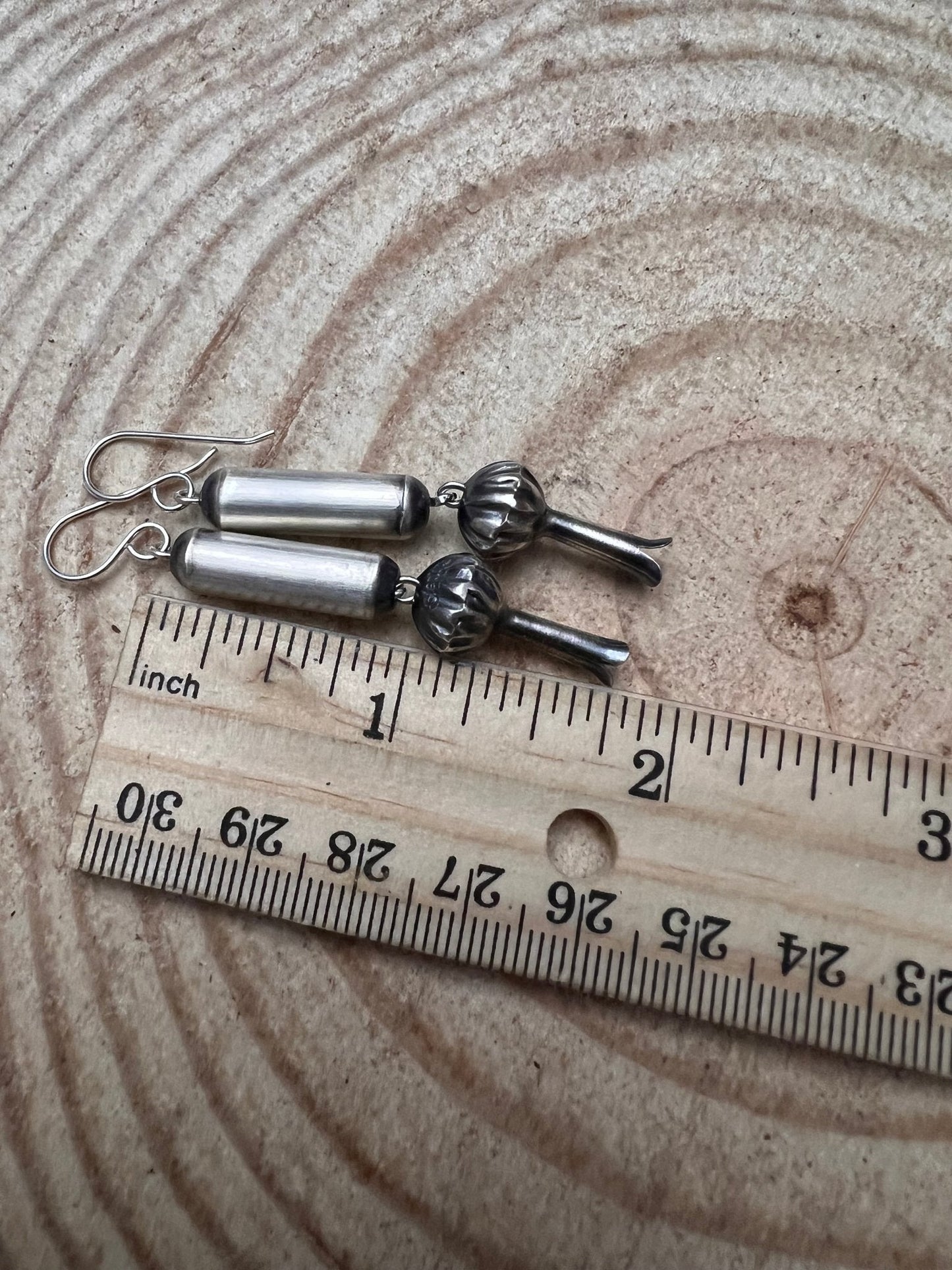 Crystal Hayley Sterling Silver Navajo Barrel & Squash Blossom Dangle Earrings — 1 3/4 inch drop (Handcrafted by Navajo Artist)