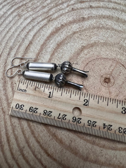 Crystal Hayley Sterling Silver Navajo Barrel & Squash Blossom Dangle Earrings — 1 3/4 inch drop (Handcrafted by Navajo Artist)