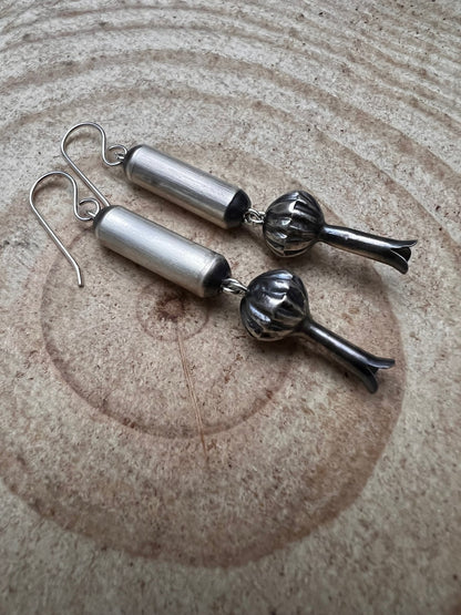 Crystal Hayley Sterling Silver Navajo Barrel & Squash Blossom Dangle Earrings — 1 3/4 inch drop (Handcrafted by Navajo Artist)