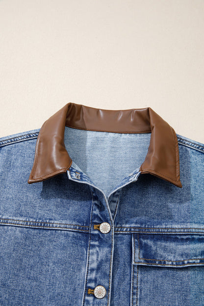 Denim Leather Collar Pocketed Button Front Jacket