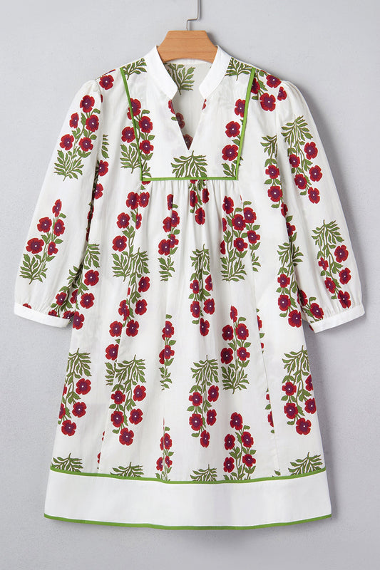 Floral Notched V-Neck 3/4 Sleeve Dress