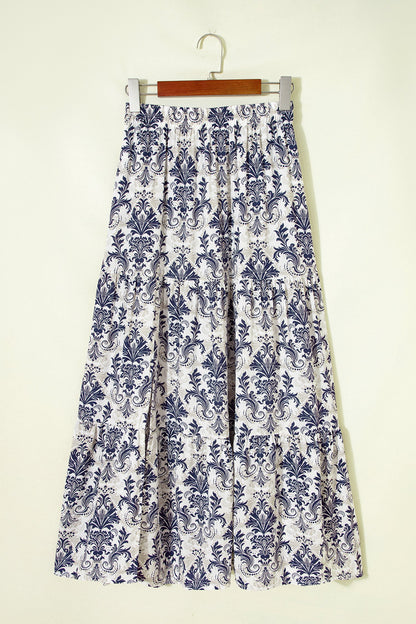 Boho Floral Tiered Maxi Skirt Split