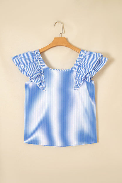 Stripe Bow Square Neck Ruffle Sleeve Blouse