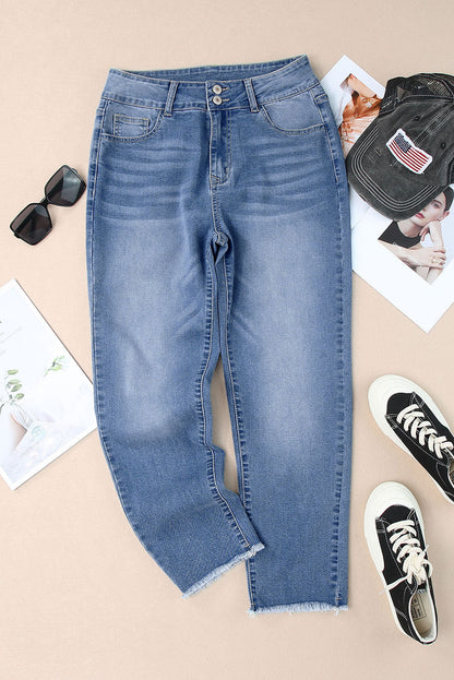 Buttoned High Waist Raw Hem Skinny Jeans