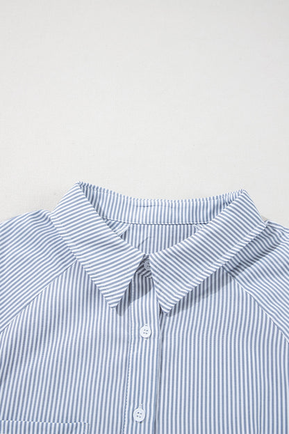 Stripe Buttoned Collar Smocked Long Sleeve Blouse