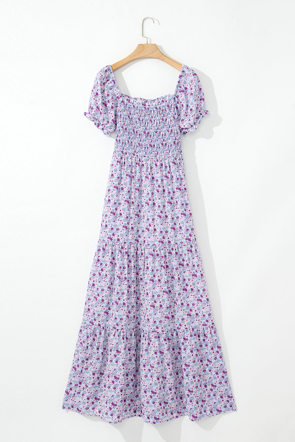 Floral Bubble Sleeve Shirred Waist Maxi Dress