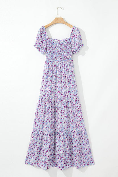 Floral Bubble Sleeve Shirred Waist Maxi Dress