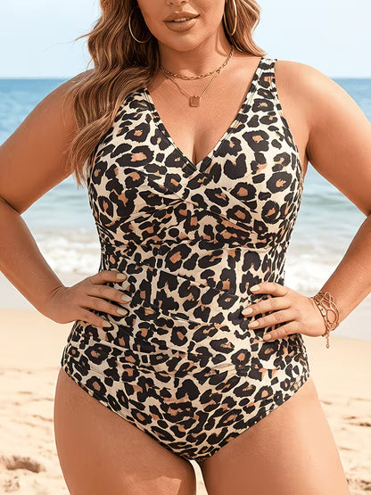Women's Plus Size Leopard Print One-Piece Swimsuit | Vintage V-Neck Tummy Control Monokini