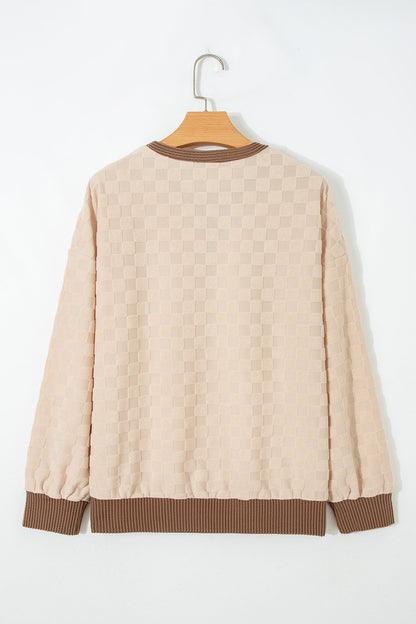 Checker Corded Knit Contrast Trim Long Sleeve Top