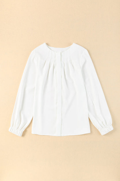 Solid Pleated Crewneck Puff Long Sleeve Shirt