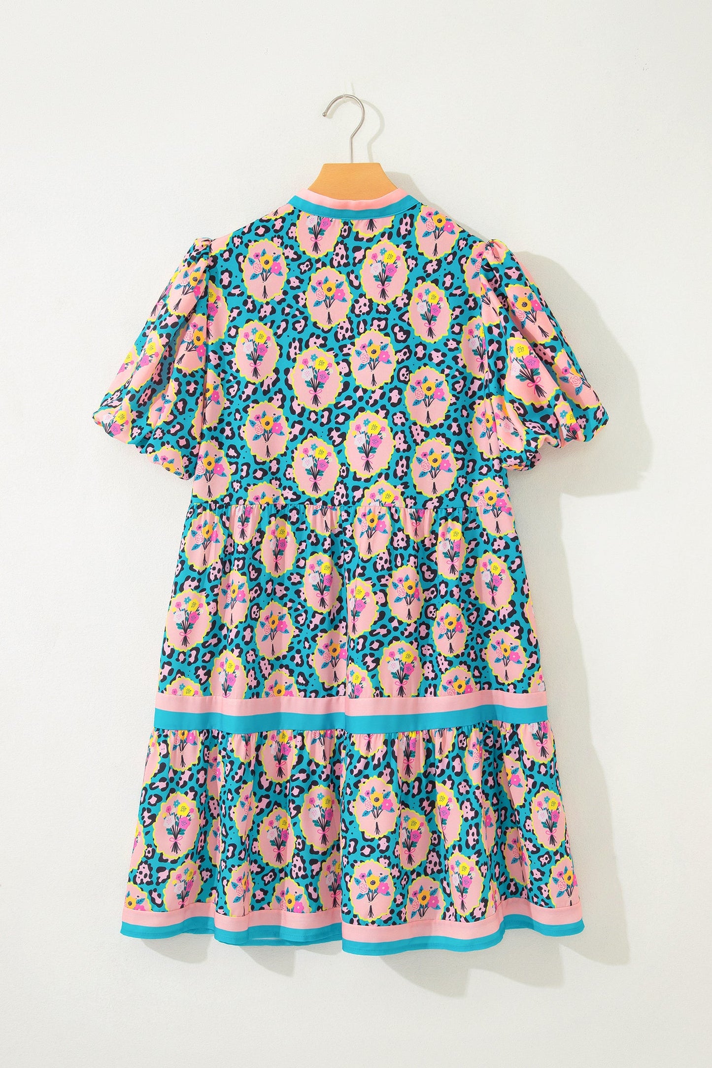Floral Leopard Contrast Stripe Puff Sleeve Dress
