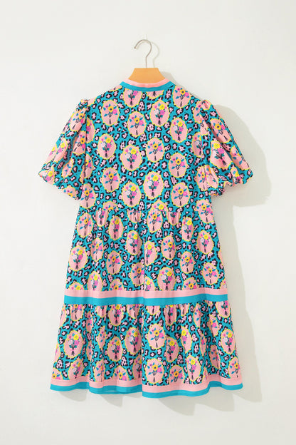 Floral Leopard Contrast Stripe Puff Sleeve Dress