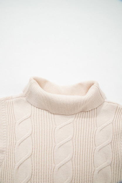 Cable Knit Turtleneck Ruffle Short Sleeve Sweater