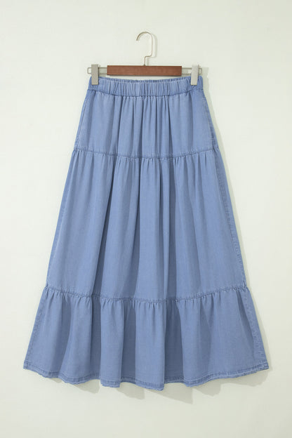 Denim Ruffle Tiered Flared Maxi Skirt