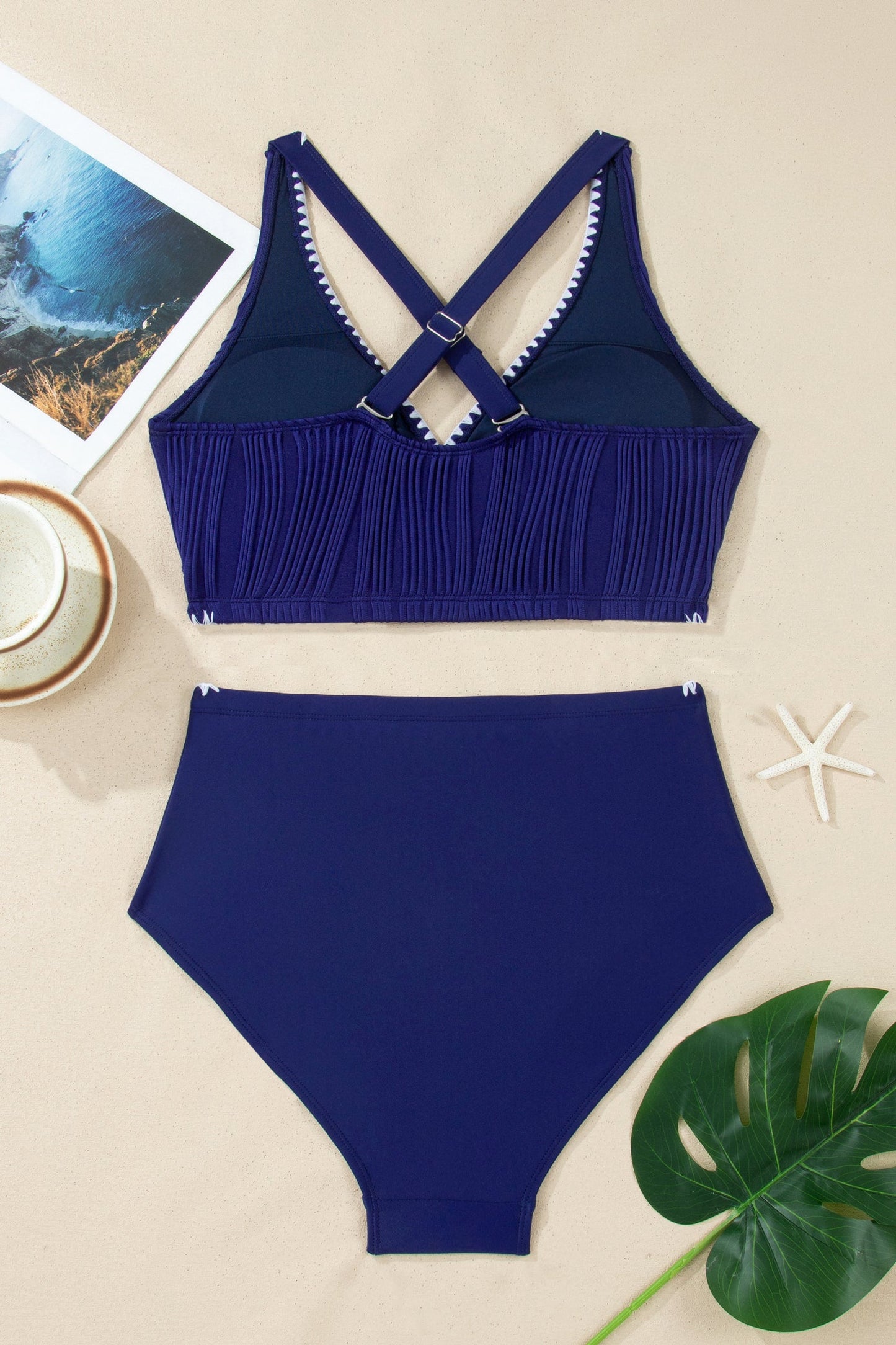 Shell Stitch Trim Textured High Waist Bikini Set
