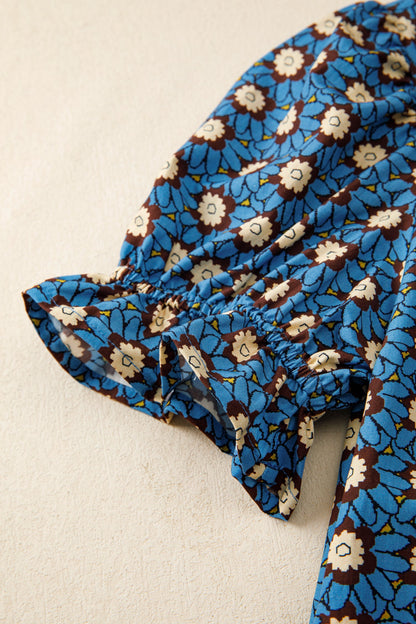 Floral Frilled V-Neck Pleated Puff Sleeve Blouse