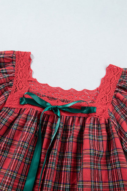 Plaid Lace Trim Square Neck Mini Babydoll Dress