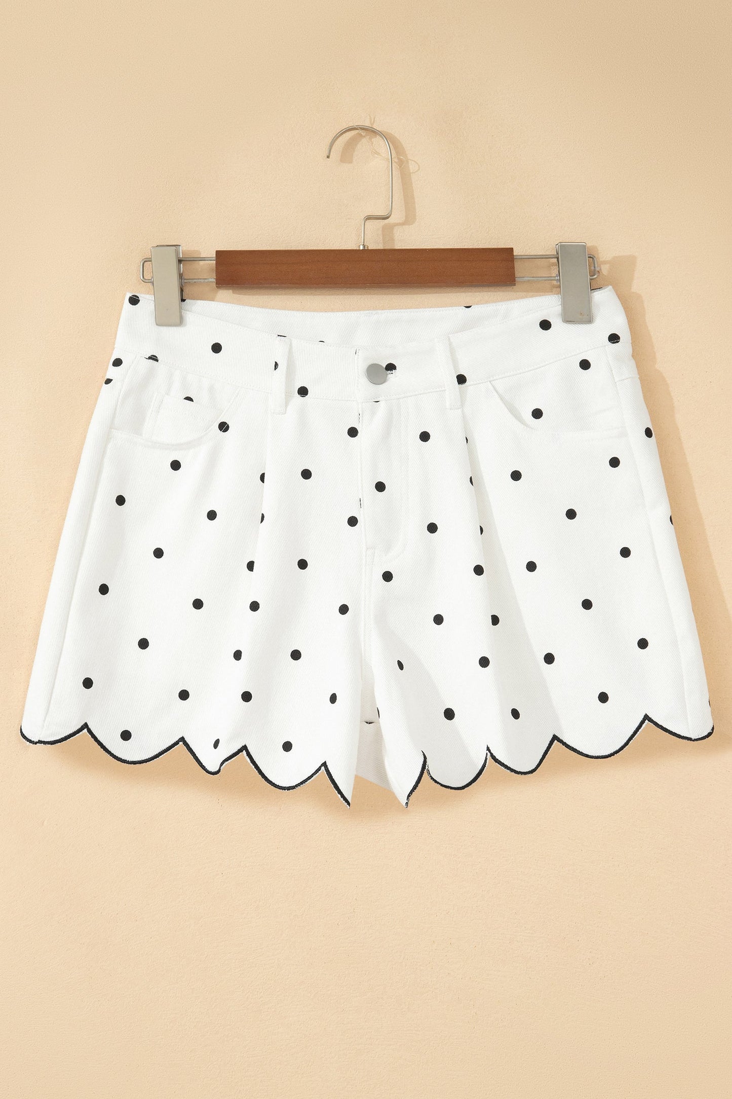 Polka Dot Denim Embroidered Scallop Hem Shorts