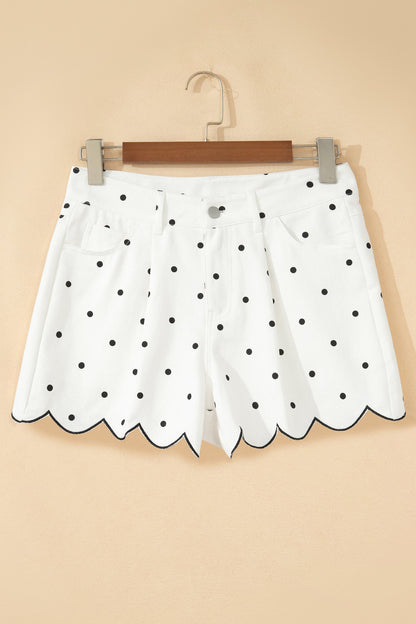 Polka Dot Denim Embroidered Scallop Hem Shorts