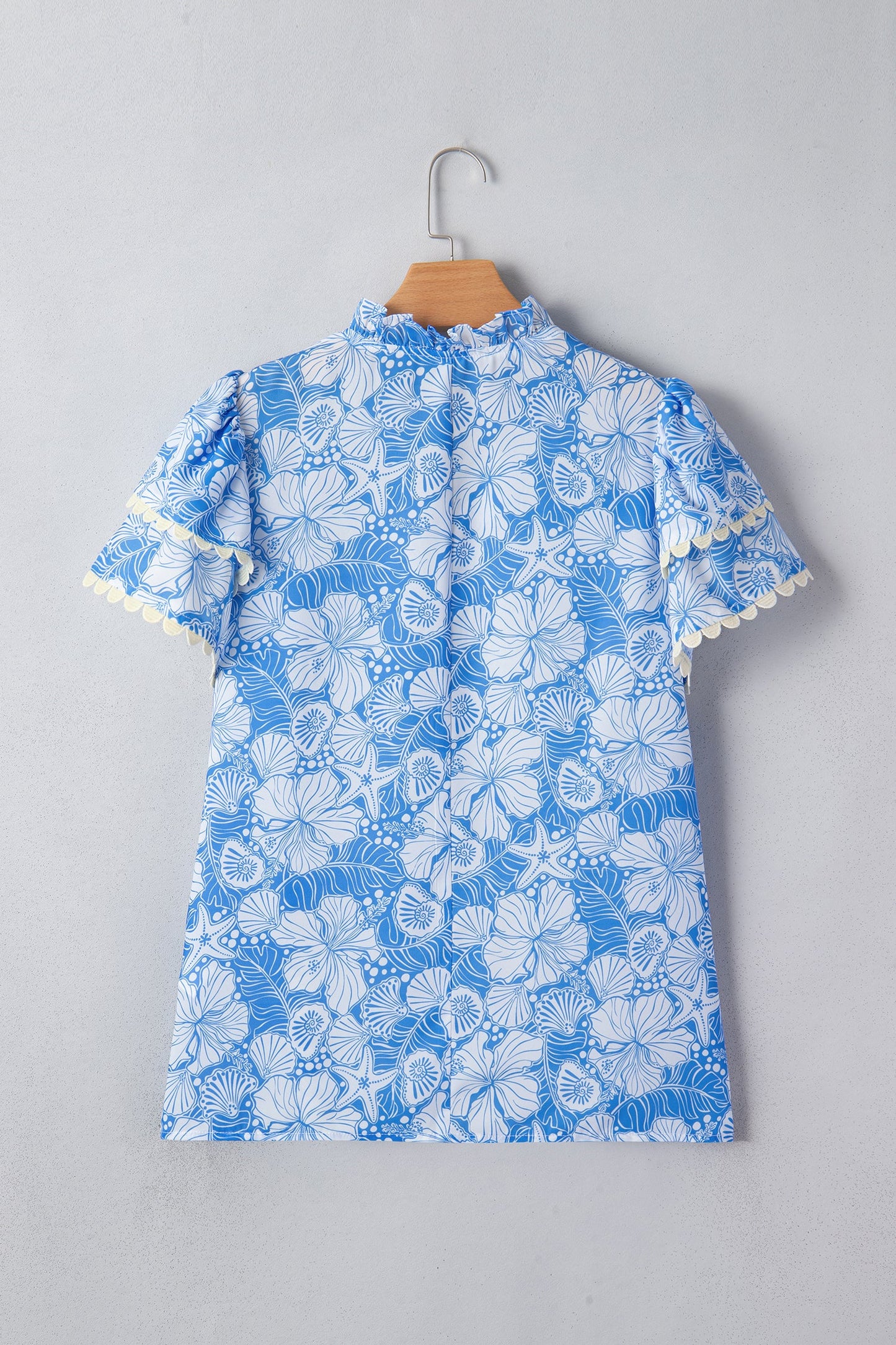 Oceanic Floral Scalloped Trim V-Neck Short Sleeve Blouse