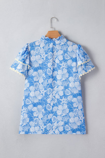 Oceanic Floral Scalloped Trim V-Neck Short Sleeve Blouse