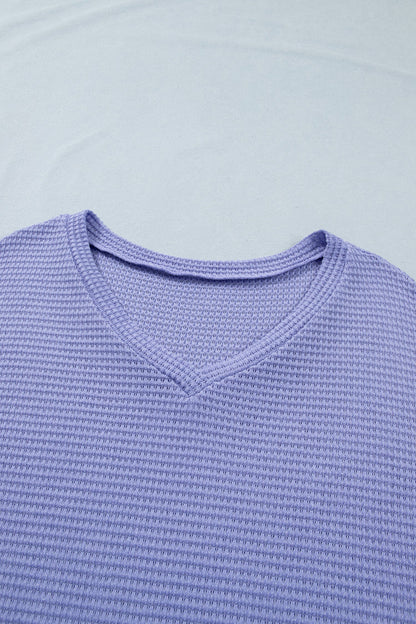Plus Size Solid Waffle Knit V-Neck Short Sleeve Top