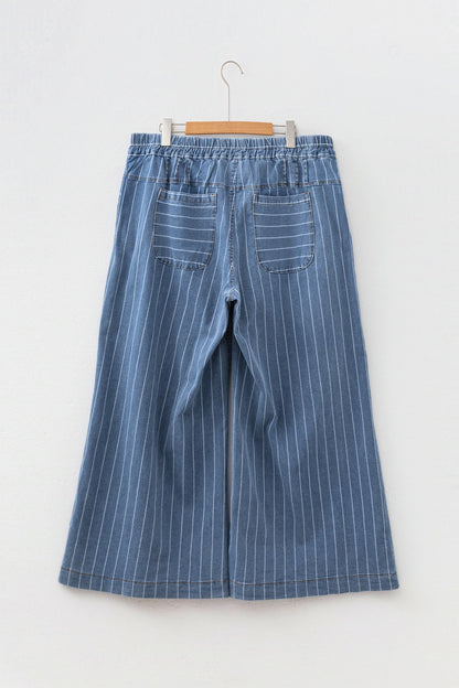 Plus Size Stripe Denim Buttoned Wide Leg Pants