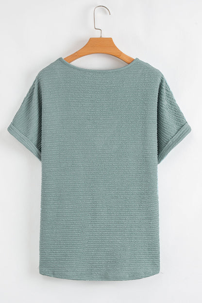 Solid Textured Wide Sleeve V-Neck T-Shirt