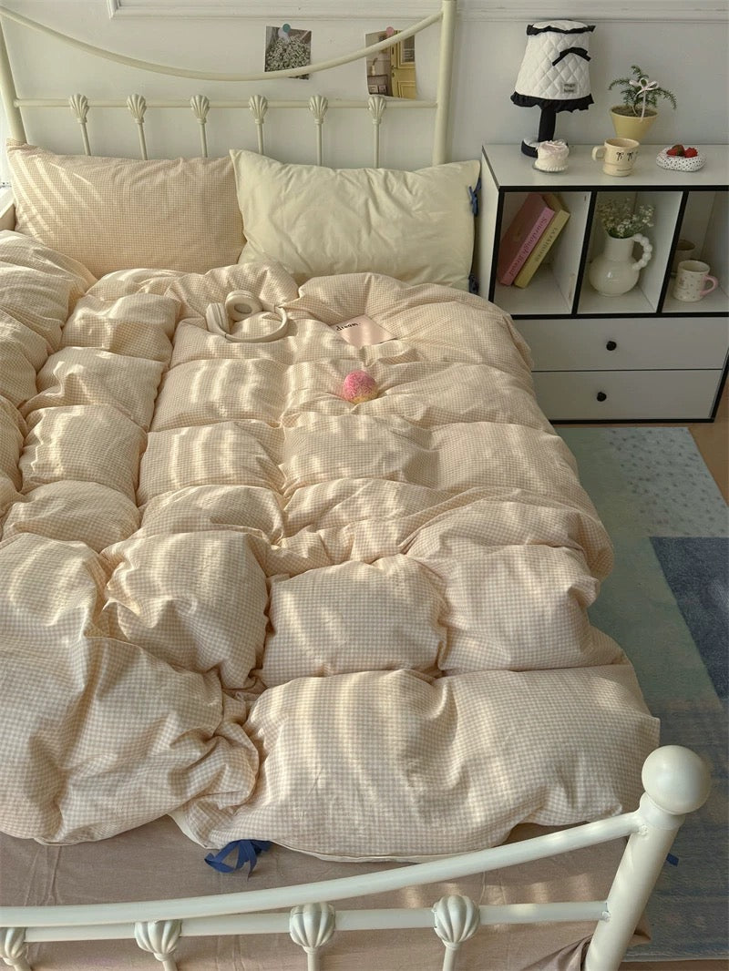 Cream Beige Gingham Duvet Cover Set