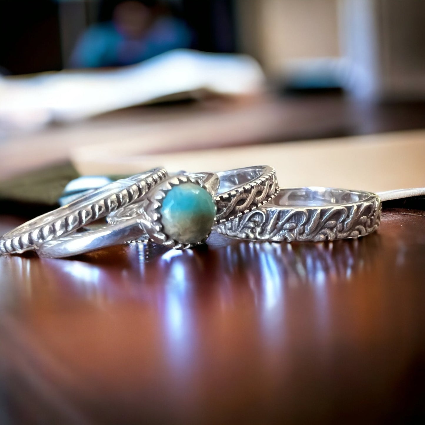 Betty Kingman Turquoise Sterling Silver Stacker Ring Set — Set of 4 Rings, Size 7