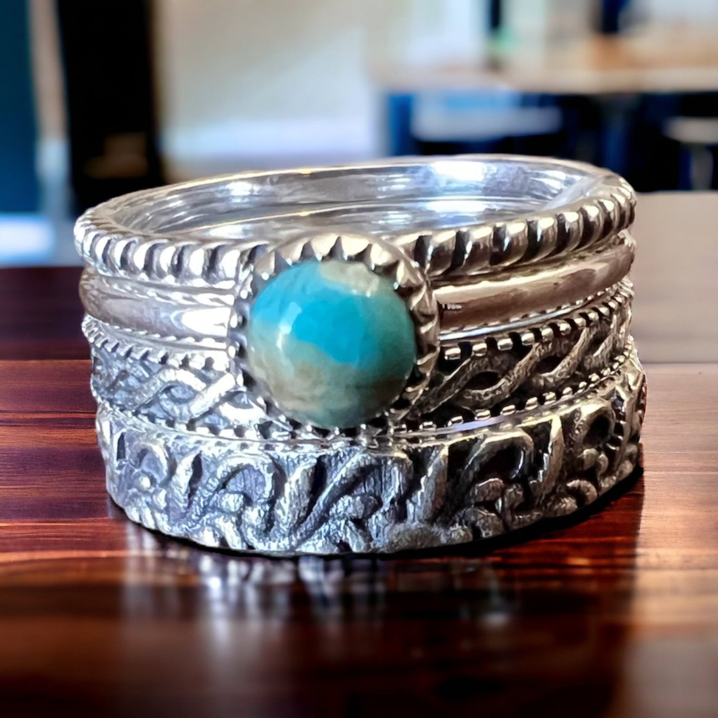Betty Kingman Turquoise Sterling Silver Stacker Ring Set — Set of 4 Rings, Size 7