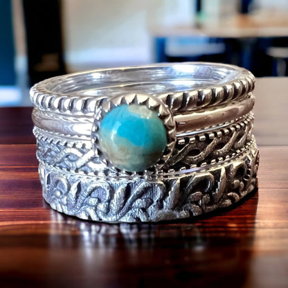 Betty Kingman Turquoise Sterling Silver Stacker Ring Set — Set of 4 Rings, Size 7