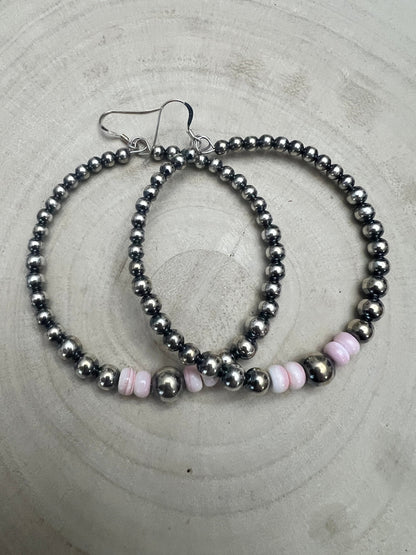 Big Sterling Pearl Hoops with Pink Conch — 2" × 1/2" Graduated 4-5-6-8mm (Handmade in Texas)