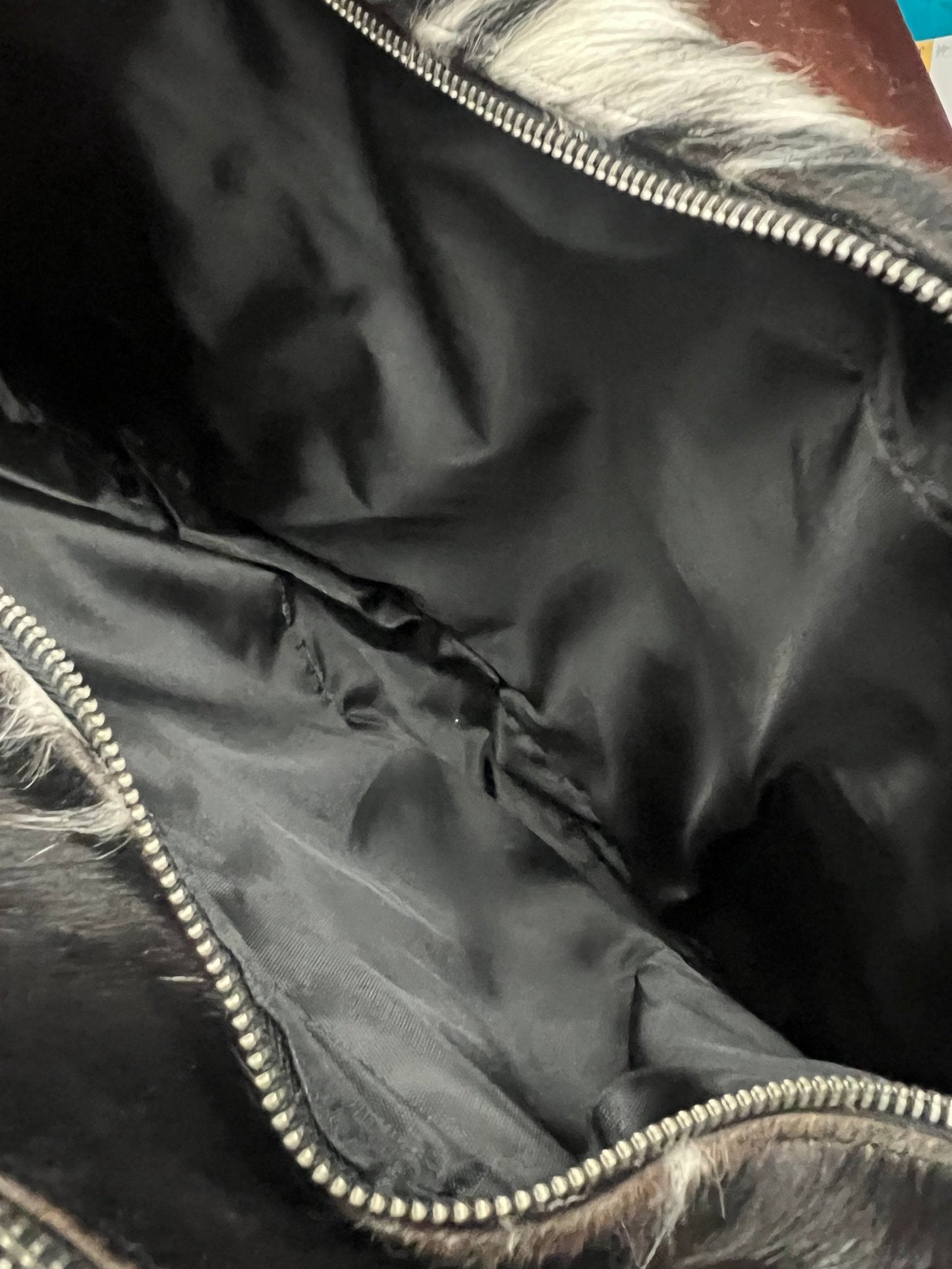 Western Hair-on-Hide Crossbody Diaper Bag — Black & White Cowhide (18" with Adjustable Strap)