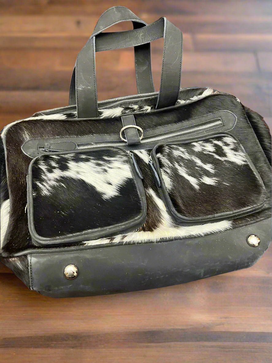 Western Hair-on-Hide Crossbody Diaper Bag — Black & White Cowhide (18" with Adjustable Strap)