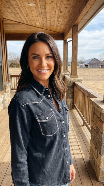 LUCKY & BLESSED Black Contrast Stitching Pearl Snap Denim Western Shirt — Modern Cowgirl Structured Fit