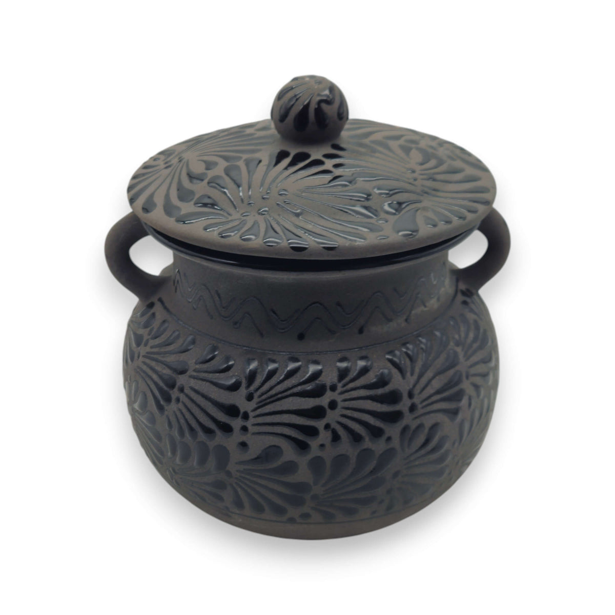 Black Talavera Bean Pot with Lid | Mexican Clay Frijolero