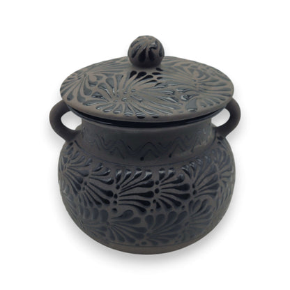 Black Talavera Bean Pot with Lid | Mexican Clay Frijolero