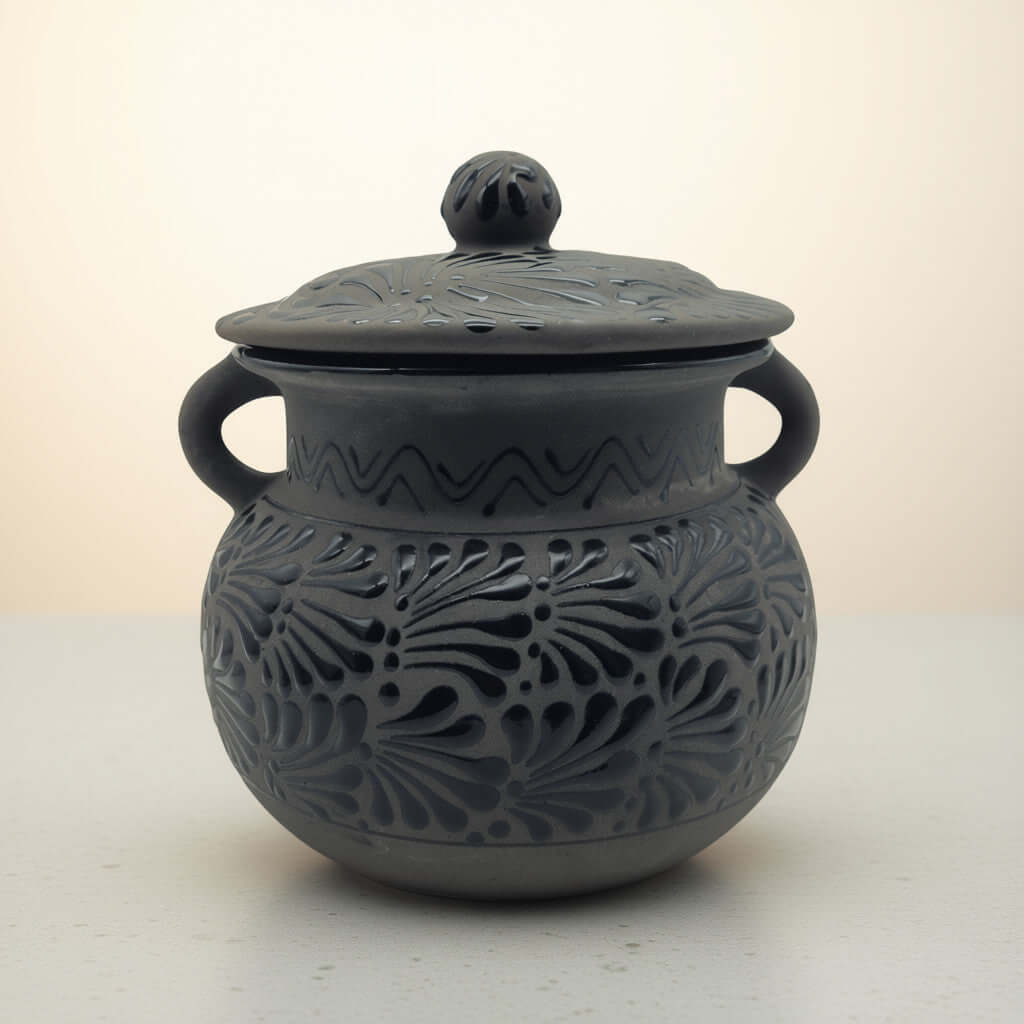 Black Talavera Bean Pot with Lid | Mexican Clay Frijolero