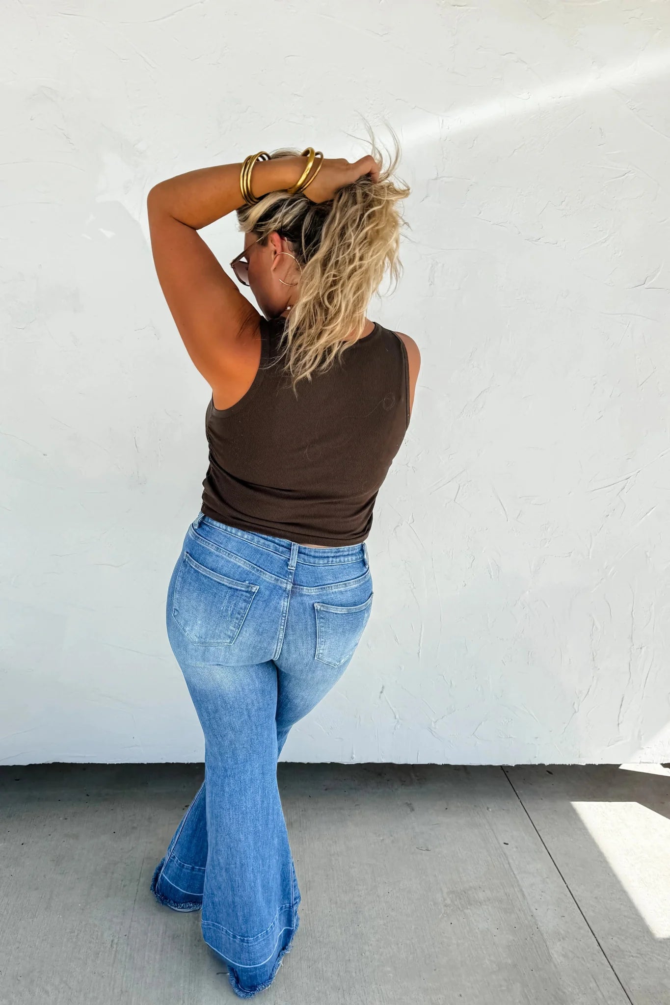 Blakeley "Romi" Medium Wash Tummy Control Panel Western Flare Jeans — Non-Distressed with Raw Shadow Hem (Size 9 and 13 available)